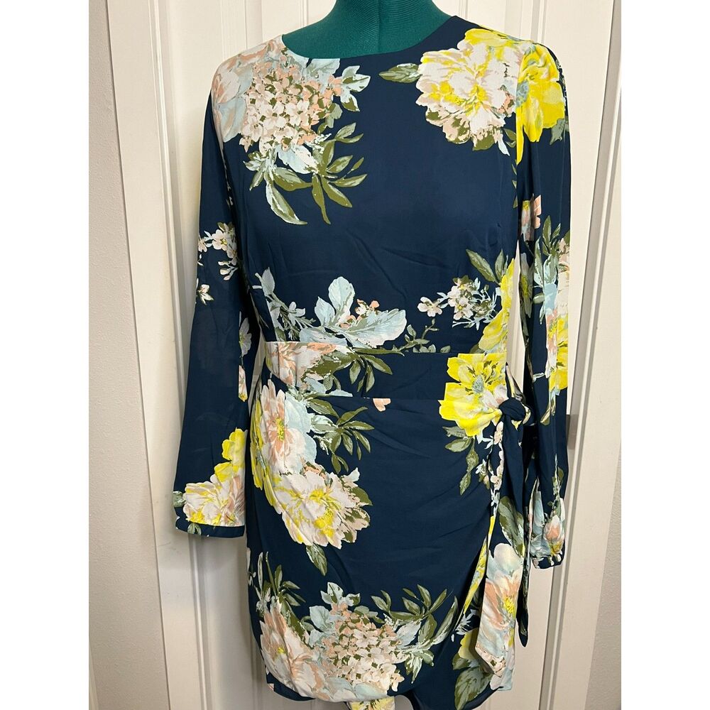 Socialite Navy Blue Floral Print Tie-Front Long Sleeve Dress